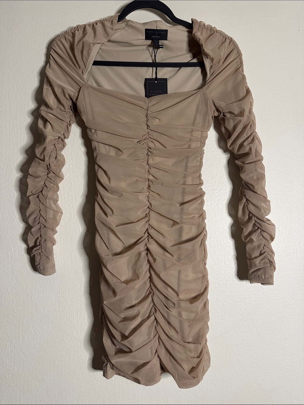 X REVOLVE Franky Ruched Long-Sleeve Sheer Mini Dress in Taupe